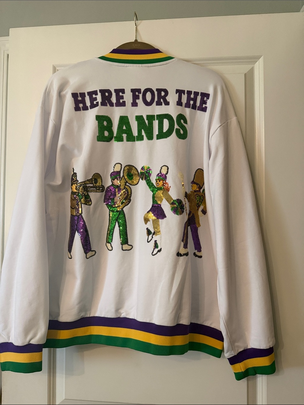 Mardi Gras Boutique White 'Here For The Bands' Embellished Bomber Jacket NWT